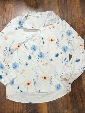 White Floral Button-Up Shirt with Blue & Peach Blooms